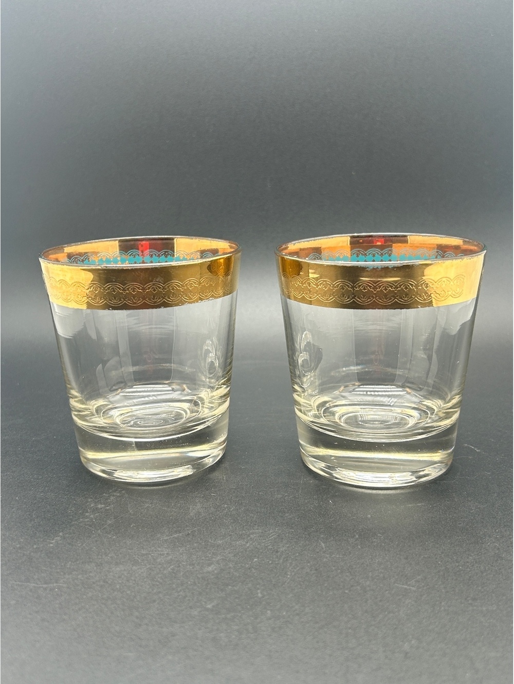Vintage MCM Whiskey/Cocktail Glasses with Gold Overlay and Turquoise